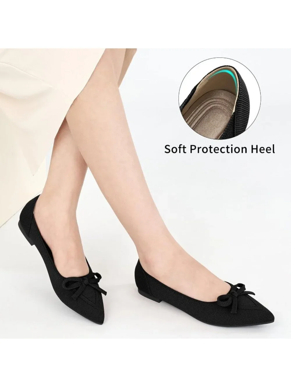 Women's Black Ballet Flats Shoes Dressy Pointed Toe Bow Knit Flats Comfortable
